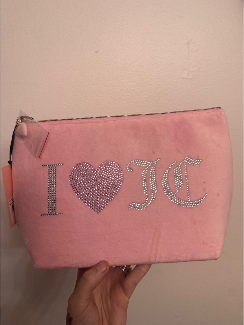 Juicy Couture Pink Plush Cosmetic Bag with Rhinestone Logo